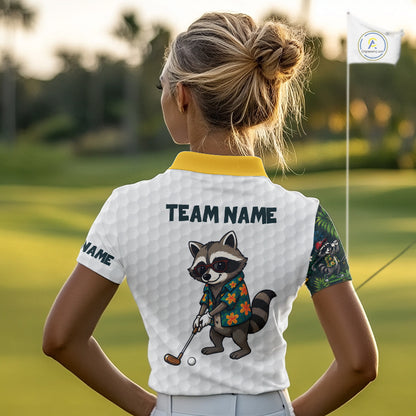 Custom Raccoon Golfer Golf Ball Team Attire Tropical Monstera Golf Polo Golf Shirts For Women NYN3991