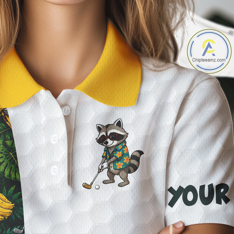 Custom Raccoon Golfer Golf Ball Team Attire Tropical Monstera Golf Polo Golf Shirts For Women NYN3991