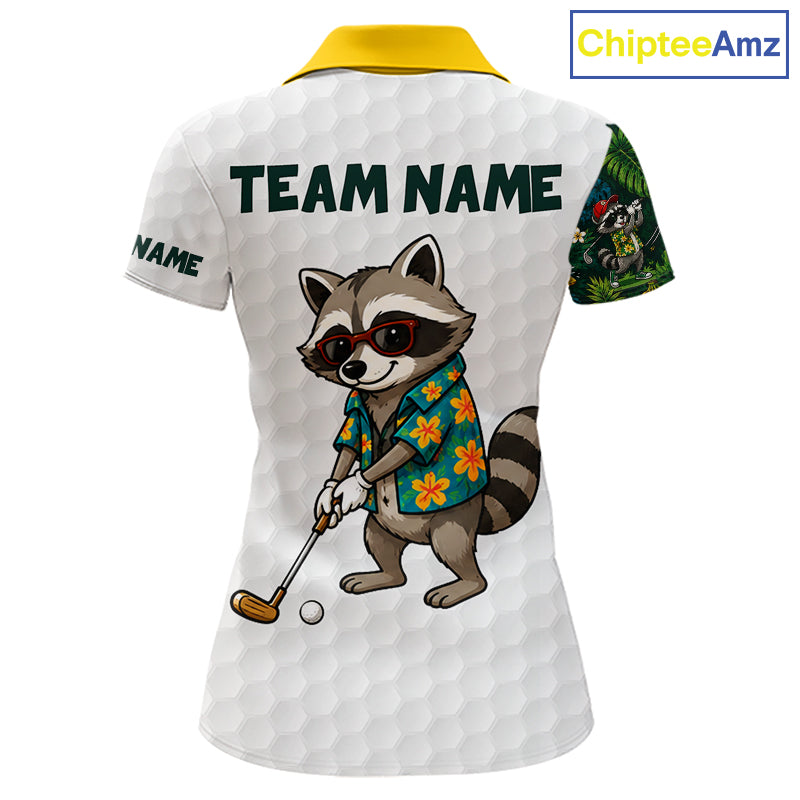 Custom Raccoon Golfer Golf Ball Team Attire Tropical Monstera Golf Polo Golf Shirts For Women NYN3991