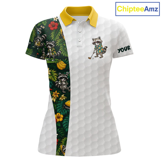 Custom Raccoon Golfer Golf Ball Team Attire Tropical Monstera Golf Polo Golf Shirts For Women NYN3991