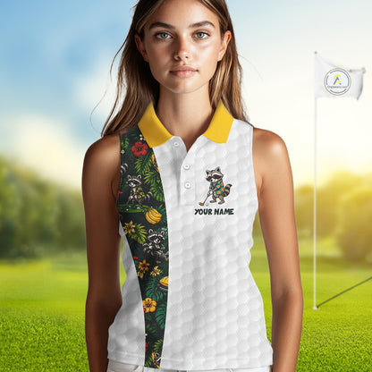 Custom Raccoon Golfer Golf Ball Team Attire Tropical Monstera Sleeveless Golf Polo Golf Shirts For Women NYN3991