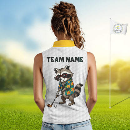 Custom Raccoon Golfer Golf Ball Team Attire Tropical Monstera Sleeveless Golf Polo Golf Shirts For Women NYN3991