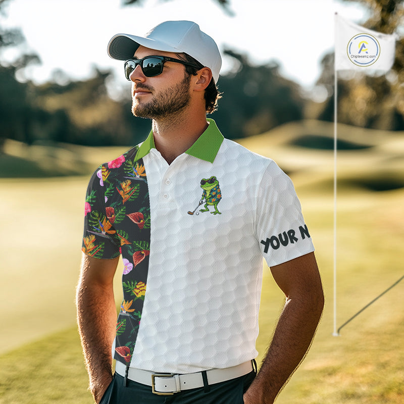 Custom Frog Golfer Golf Ball Team Attire Tropical Monstera Golf Polo Golf Shirts For Men NYN3992