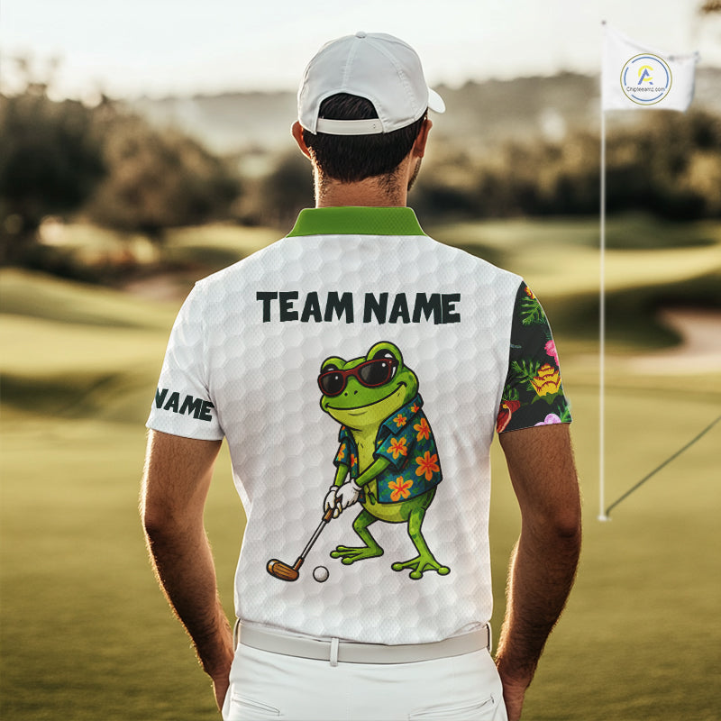 Custom Frog Golfer Golf Ball Team Attire Tropical Monstera Golf Polo Golf Shirts For Men NYN3992