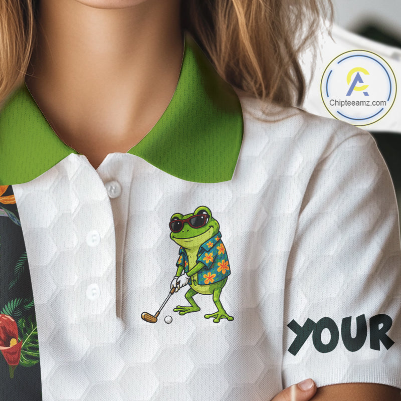 Custom Frog Golfer Golf Ball Team Attire Tropical Monstera Golf Polo Golf Shirts For Women NYN3992