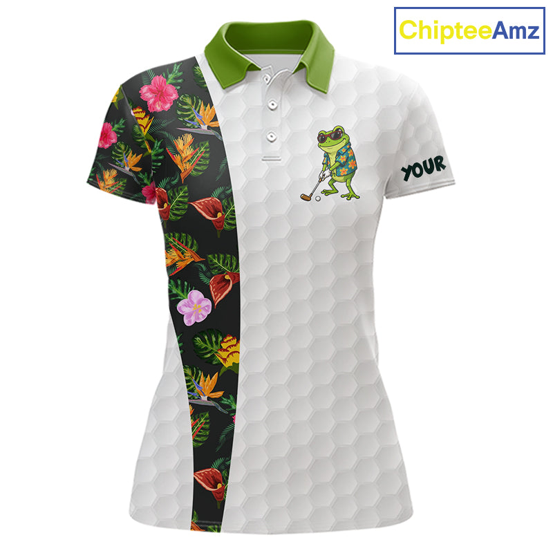 Custom Frog Golfer Golf Ball Team Attire Tropical Monstera Golf Polo Golf Shirts For Women NYN3992
