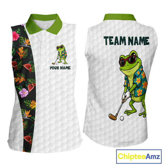 Custom Frog Golfer Golf Ball Team Attire Tropical Monstera Sleeveless Golf Polo Golf Shirts For Women NYN3992