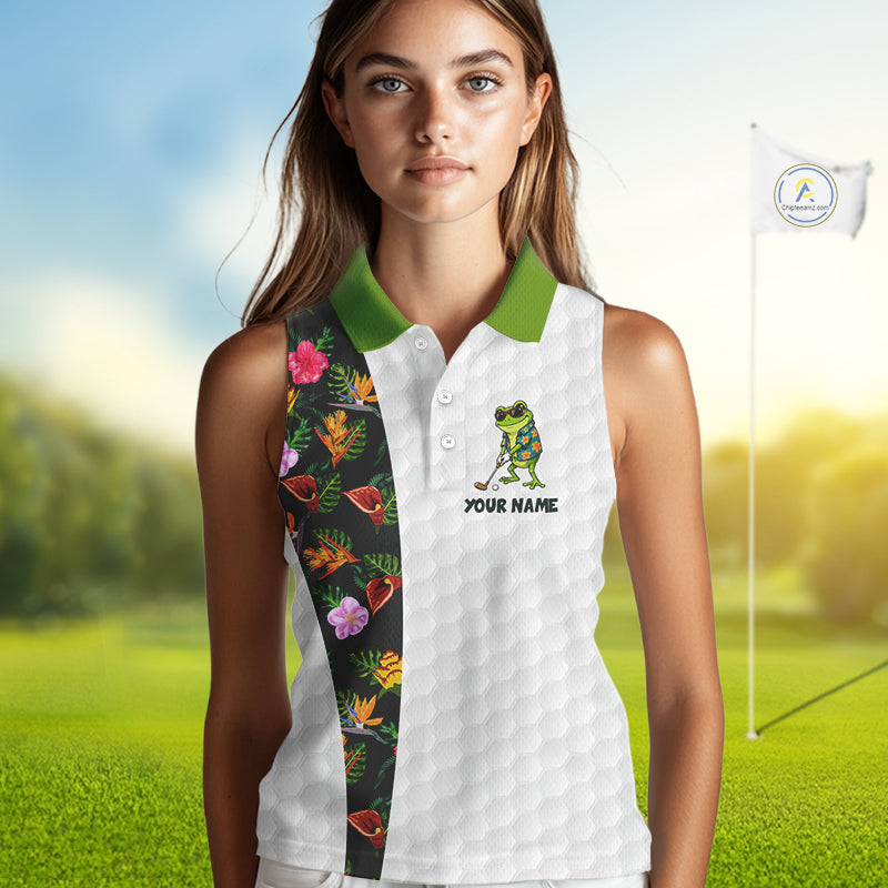 Custom Frog Golfer Golf Ball Team Attire Tropical Monstera Sleeveless Golf Polo Golf Shirts For Women NYN3992