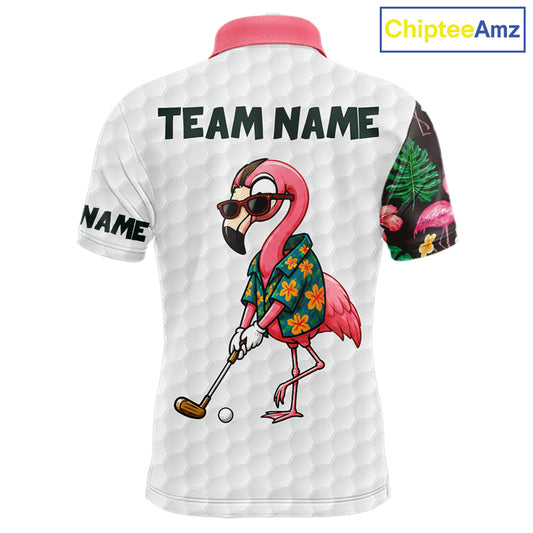 Custom Flamingo Golfer Golf Ball Team Attire Tropical Monstera Golf Polo Golf Shirts For Men NYN3993