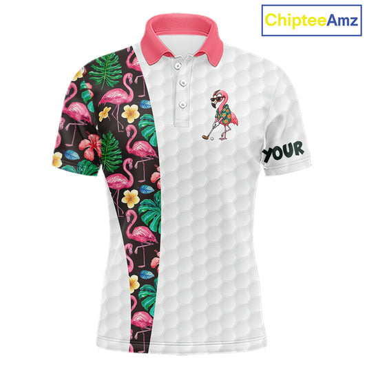 Custom Flamingo Golfer Golf Ball Team Attire Tropical Monstera Golf Polo Golf Shirts For Men NYN3993