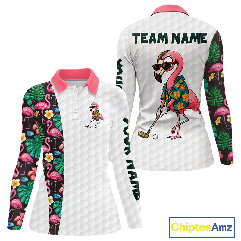 Custom Flamingo Golfer Golf Ball Team Attire Tropical Monstera Golf Polo Golf Shirts For Women NYN3993