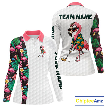Custom Flamingo Golfer Golf Ball Team Attire Tropical Monstera Golf Polo Golf Shirts For Women NYN3993