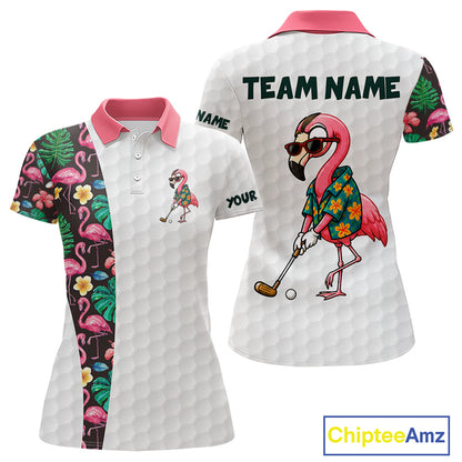 Custom Flamingo Golfer Golf Ball Team Attire Tropical Monstera Golf Polo Golf Shirts For Women NYN3993
