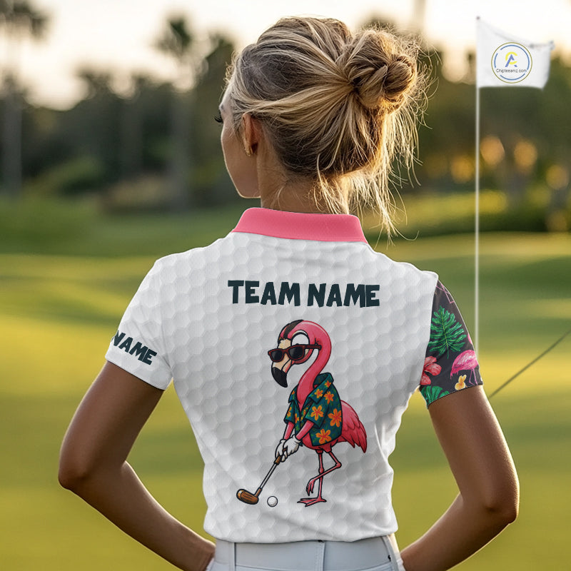 Custom Flamingo Golfer Golf Ball Team Attire Tropical Monstera Golf Polo Golf Shirts For Women NYN3993