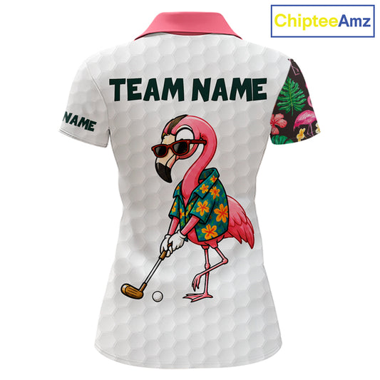 Custom Flamingo Golfer Golf Ball Team Attire Tropical Monstera Golf Polo Golf Shirts For Women NYN3993