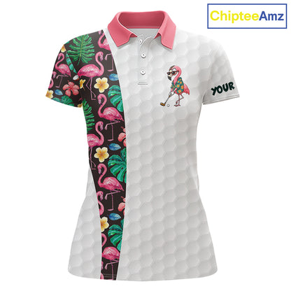 Custom Flamingo Golfer Golf Ball Team Attire Tropical Monstera Golf Polo Golf Shirts For Women NYN3993