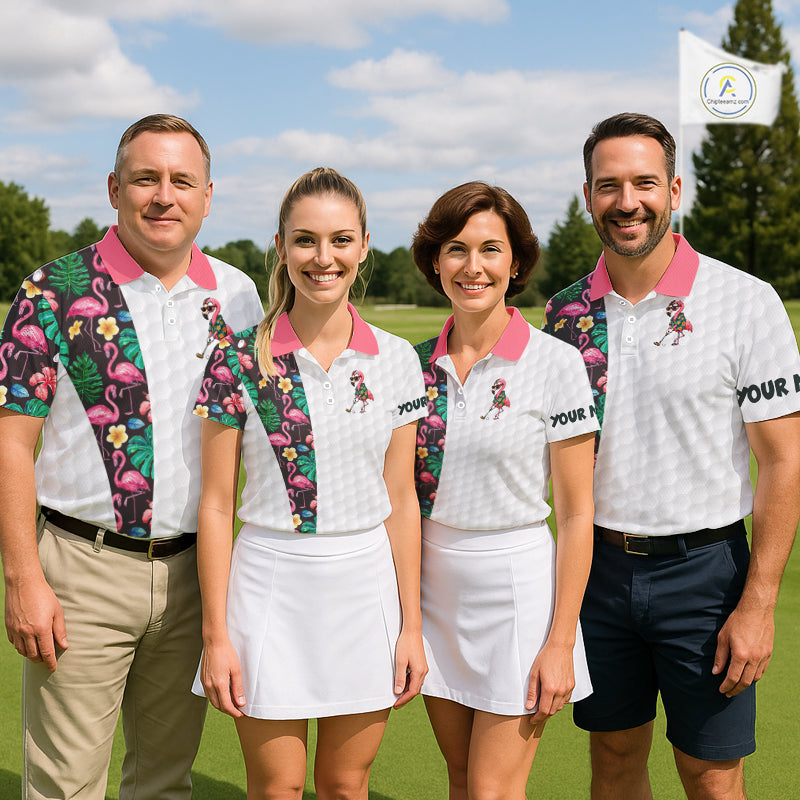 Custom Flamingo Golfer Golf Ball Team Attire Tropical Monstera Golf Polo Golf Shirts For Men NYN3993