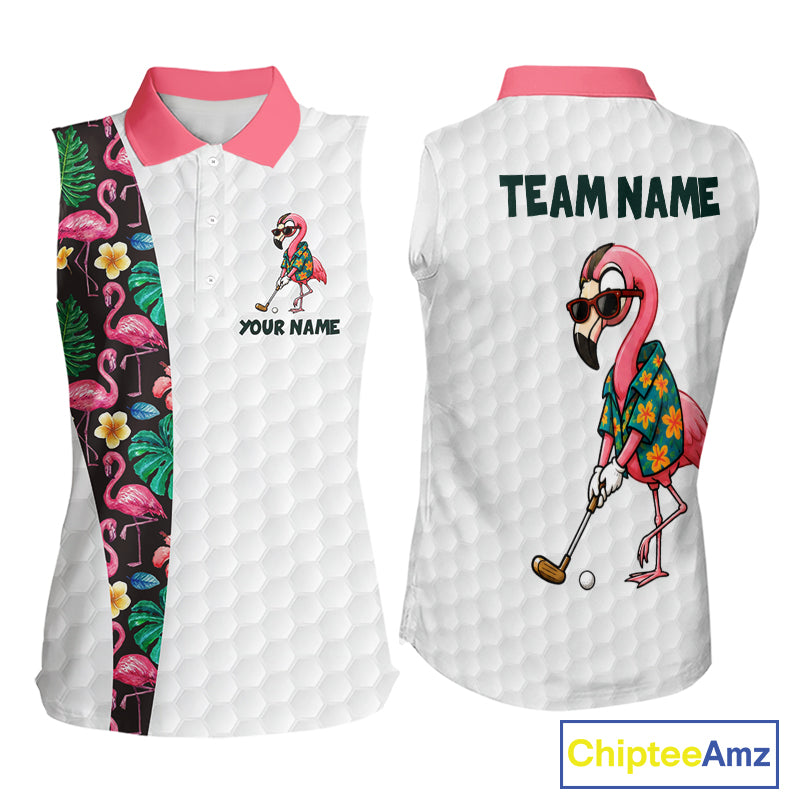 Custom Flamingo Golfer Golf Ball Team Attire Tropical Monstera Sleeveless Golf Polo Golf Shirts For Women NYN3993