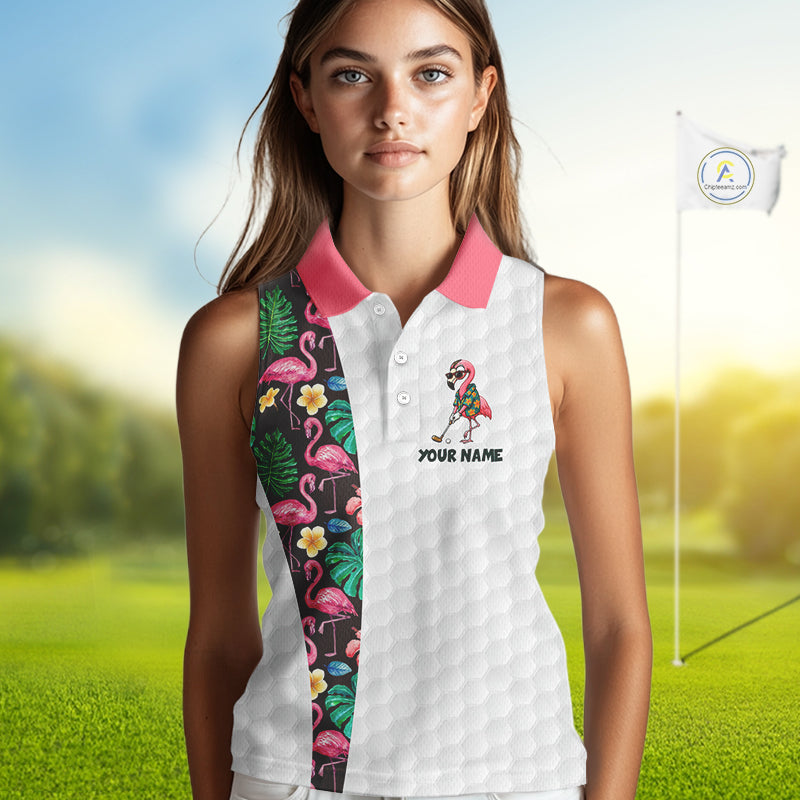 Custom Flamingo Golfer Golf Ball Team Attire Tropical Monstera Sleeveless Golf Polo Golf Shirts For Women NYN3993