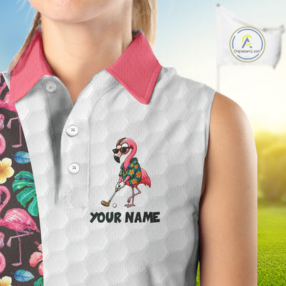 Custom Flamingo Golfer Golf Ball Team Attire Tropical Monstera Sleeveless Golf Polo Golf Shirts For Women NYN3993