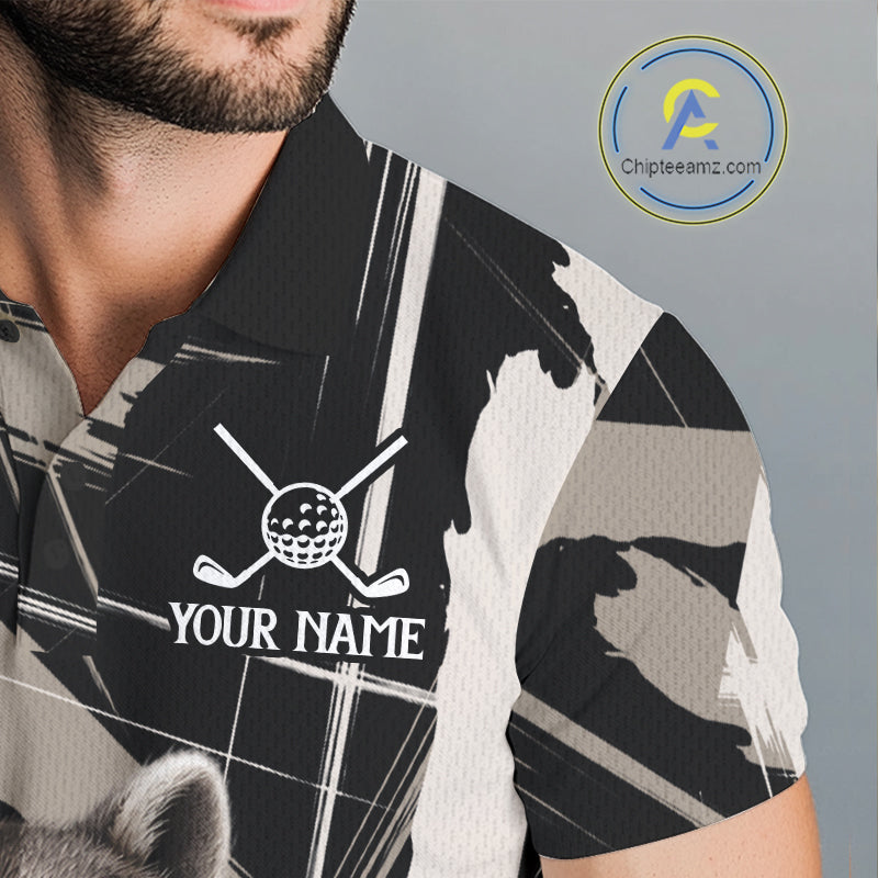 Mens Funny Cute Raccoon Golf Polo Shirts Custom Beige & Cream Brush Golf Team Outfit, Golf Gifts NYN3998