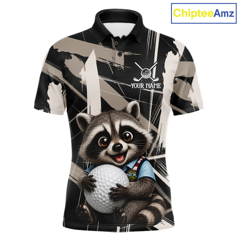 Mens Funny Cute Raccoon Golf Polo Shirts Custom Beige & Cream Brush Golf Team Outfit, Golf Gifts NYN3998