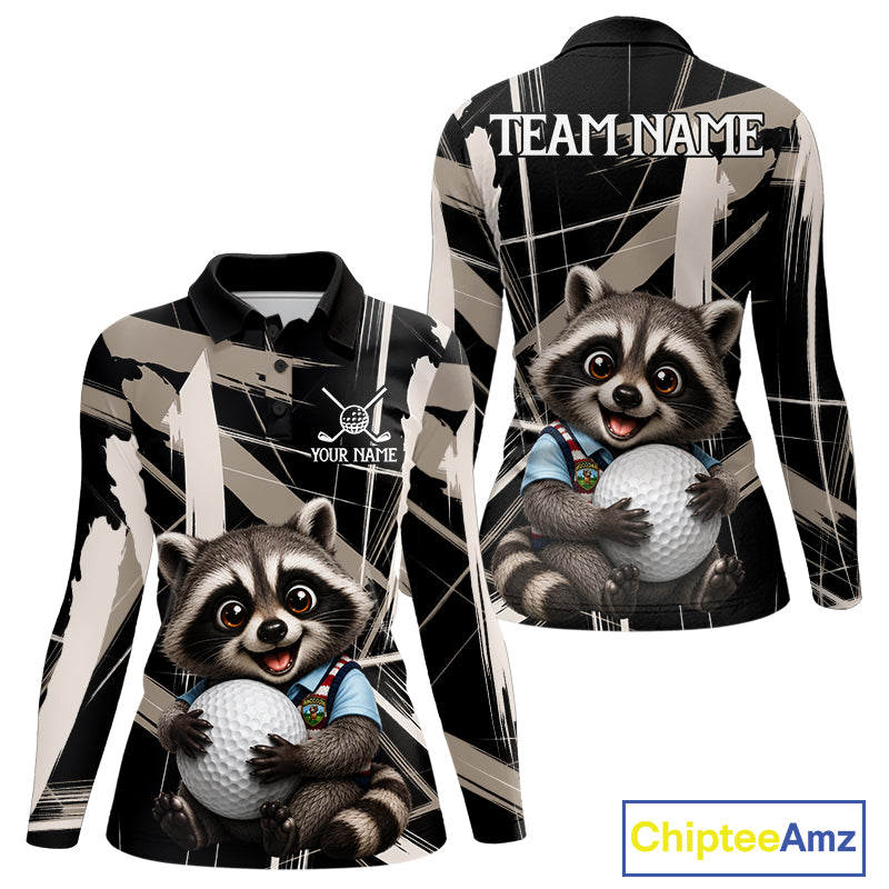Womens Funny Cute Raccoon Women Golf Polo Shirts Custom Beige & Cream Brush Golf Team Outfit, Golf Gifts NYN3998