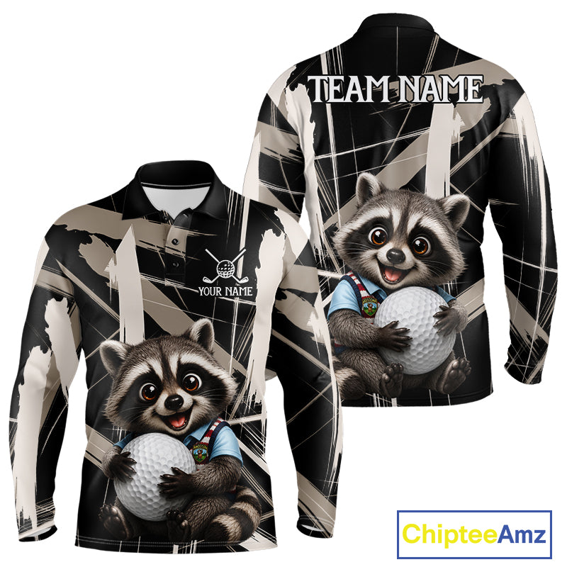Mens Funny Cute Raccoon Golf Polo Shirts Custom Beige & Cream Brush Golf Team Outfit, Golf Gifts NYN3998