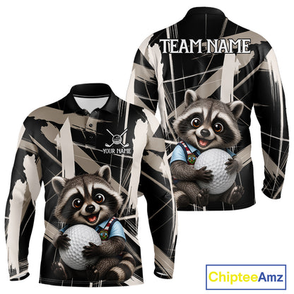 Mens Funny Cute Raccoon Golf Polo Shirts Custom Beige & Cream Brush Golf Team Outfit, Golf Gifts NYN3998