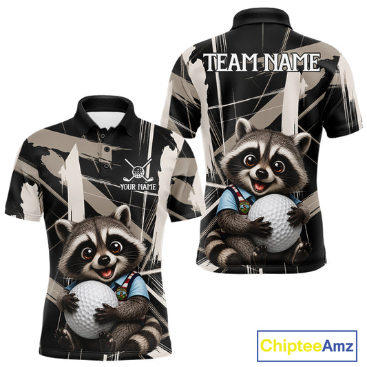 Mens Funny Cute Raccoon Golf Polo Shirts Custom Beige & Cream Brush Golf Team Outfit, Golf Gifts NYN3998