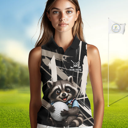 Womens Funny Cute Raccoon Womens Golf Sleeveless Polo Shirts Custom Beige & Cream Brush Golf Team Outfit, Golf Gifts NYN3998