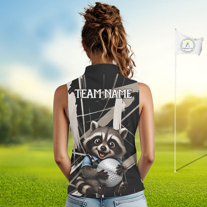 Womens Funny Cute Raccoon Womens Golf Sleeveless Polo Shirts Custom Beige & Cream Brush Golf Team Outfit, Golf Gifts NYN3998