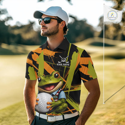 Mens Funny Cute Frog Golf Polo Shirts Custom Yellow & Green Brush Golf Team Outfit, Golf Gifts NYN3999