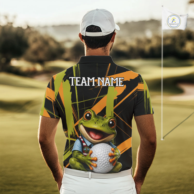 Mens Funny Cute Frog Golf Polo Shirts Custom Yellow & Green Brush Golf Team Outfit, Golf Gifts NYN3999