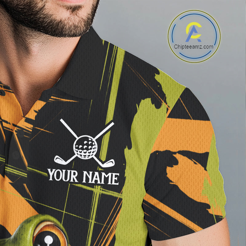 Mens Funny Cute Frog Golf Polo Shirts Custom Yellow & Green Brush Golf Team Outfit, Golf Gifts NYN3999