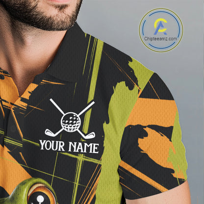 Mens Funny Cute Frog Golf Polo Shirts Custom Yellow & Green Brush Golf Team Outfit, Golf Gifts NYN3999
