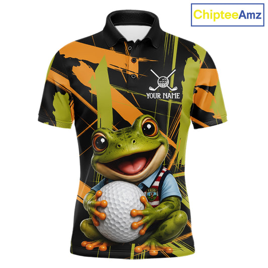 Mens Funny Cute Frog Golf Polo Shirts Custom Yellow & Green Brush Golf Team Outfit, Golf Gifts NYN3999