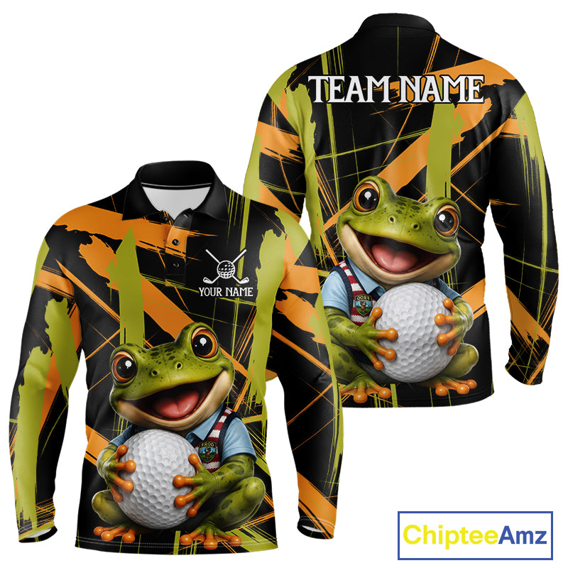 Mens Funny Cute Frog Golf Polo Shirts Custom Yellow & Green Brush Golf Team Outfit, Golf Gifts NYN3999