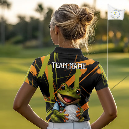 Womens Funny Cute Frog Women Golf Polo Shirts Custom Yellow & Green Brush Golf Team Outfit, Golf Gifts NYN3999