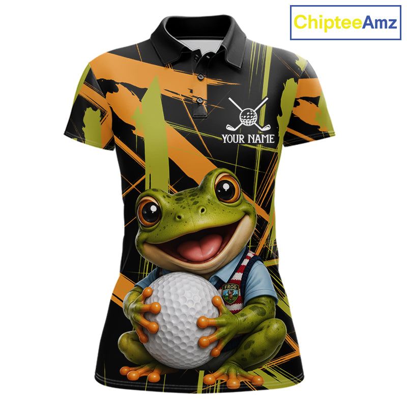 Womens Funny Cute Frog Women Golf Polo Shirts Custom Yellow & Green Brush Golf Team Outfit, Golf Gifts NYN3999
