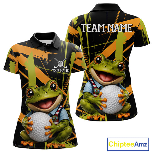 Womens Funny Cute Frog Women Golf Polo Shirts Custom Yellow & Green Brush Golf Team Outfit, Golf Gifts NYN3999