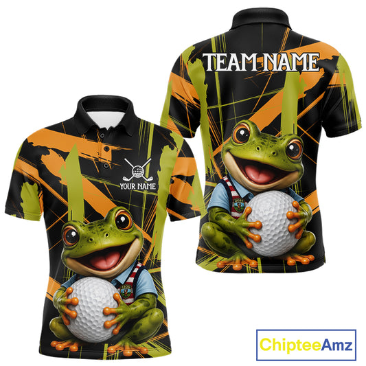 Mens Funny Cute Frog Golf Polo Shirts Custom Yellow & Green Brush Golf Team Outfit, Golf Gifts NYN3999