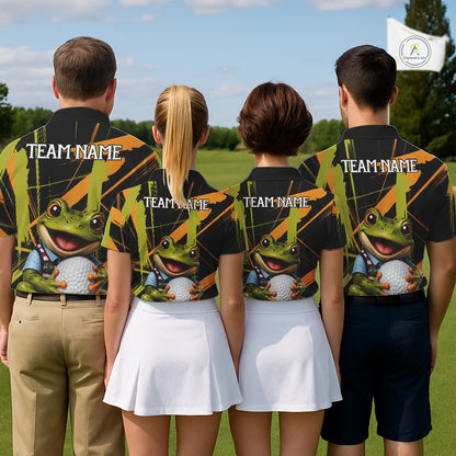 Mens Funny Cute Frog Golf Polo Shirts Custom Yellow & Green Brush Golf Team Outfit, Golf Gifts NYN3999
