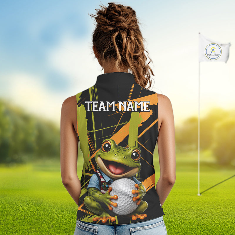 Womens Funny Cute Frog Womens Golf Sleeveless Polo Shirts Custom Yellow & Green Brush Golf Team Outfit, Golf Gifts NYN3999