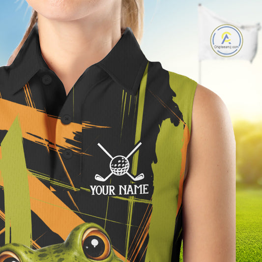 Womens Funny Cute Frog Womens Golf Sleeveless Polo Shirts Custom Yellow & Green Brush Golf Team Outfit, Golf Gifts NYN3999