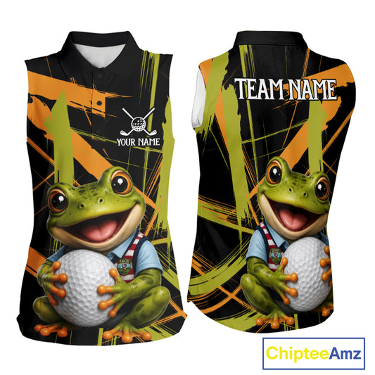 Womens Funny Cute Frog Womens Golf Sleeveless Polo Shirts Custom Yellow & Green Brush Golf Team Outfit, Golf Gifts NYN3999