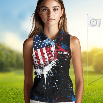 Splatter Golf Ball Personalized Womens Patriot Sleeveless Golf Polo Shirt Custom US Flag Golf Team Gifts NYN4000