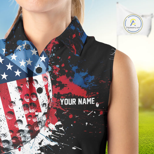 Splatter Golf Ball Personalized Womens Patriot Sleeveless Golf Polo Shirt Custom US Flag Golf Team Gifts NYN4000