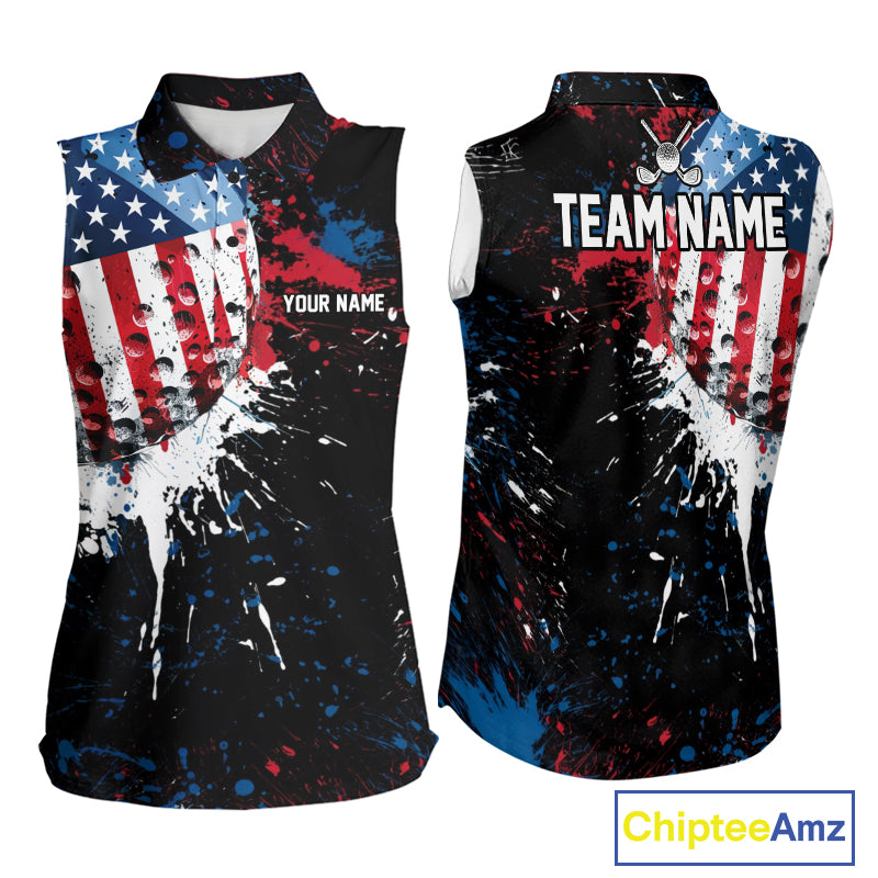 Splatter Golf Ball Personalized Womens Patriot Sleeveless Golf Polo Shirt Custom US Flag Golf Team Gifts NYN4000
