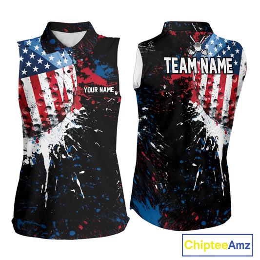 Splatter Golf Ball Personalized Womens Patriot Sleeveless Golf Polo Shirt Custom US Flag Golf Team Gifts NYN4000